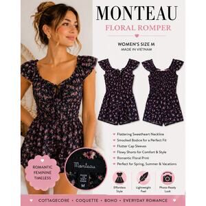 MONTEAU Floral Romper Women’s Size M Black Pink Cottagecore Coquette Boho